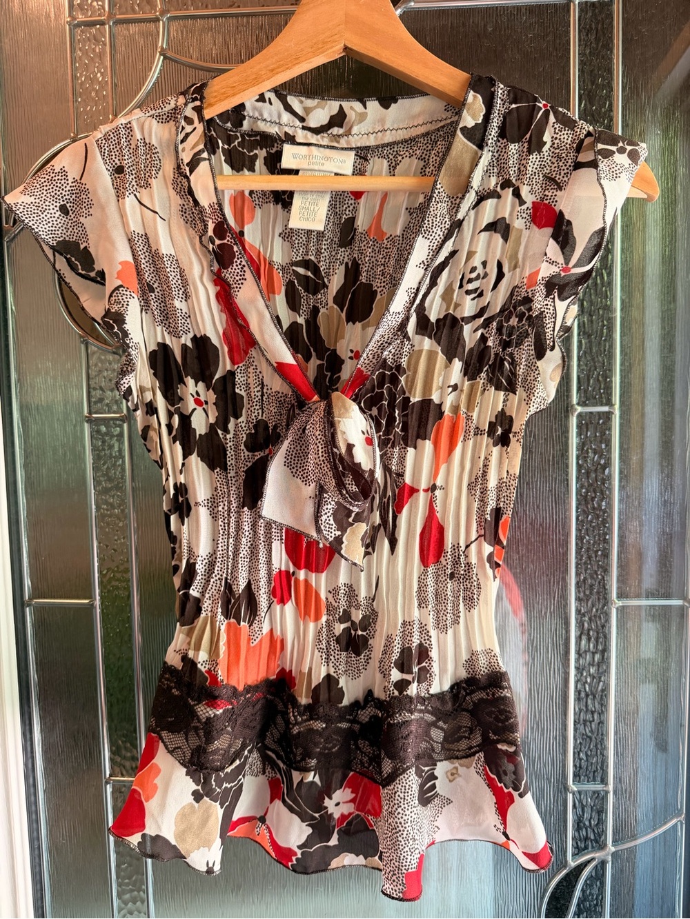 Y2K Worthington Floral Tie-Neck Cap Sleeve Top Small